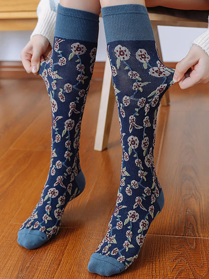 4 Pairs Cotton Vintage Floral Women Long Socks