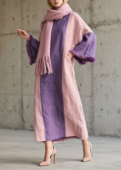 Plus Size Colorblock Fuzzy Fur Patchwork Cotton Dress Fall
