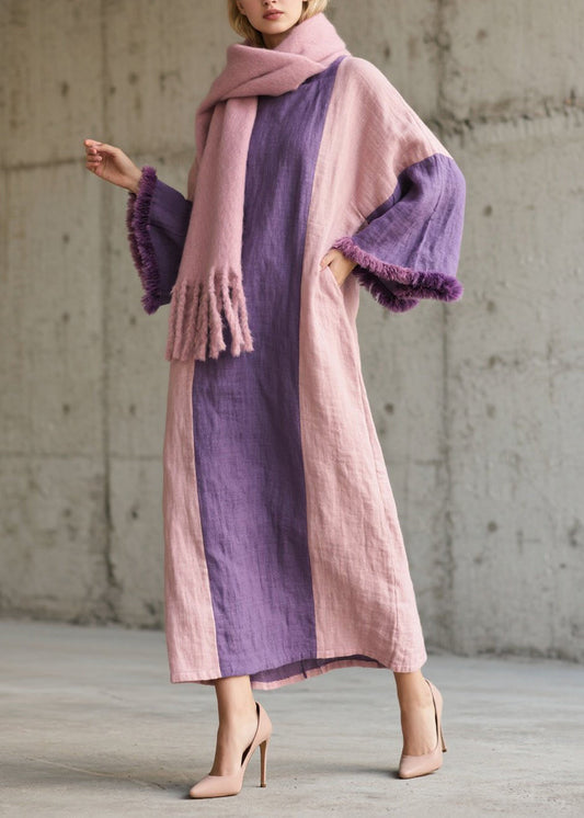 Plus Size Colorblock Fuzzy Fur Patchwork Cotton Dress Fall