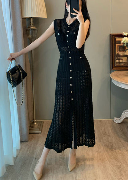 Women Black Hollow Out Single Breasted Buttons Knit Long Dress Sleeveless