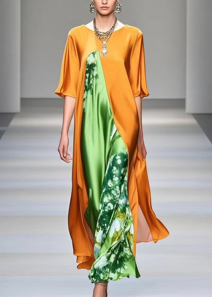 DIY Yellow Asymmetrical Patchwork Draping Silk Robe Dresses Summer