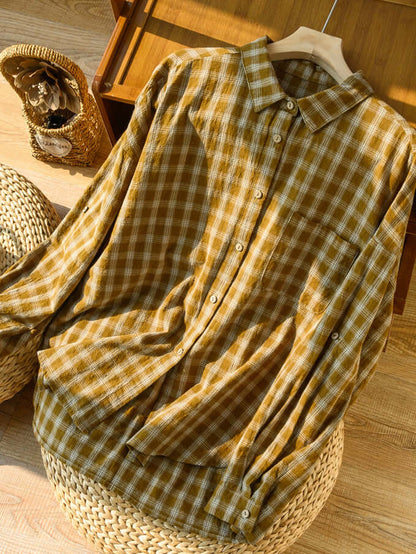 Natural Fabric Classic Plaid Style Casual Loose Shirt