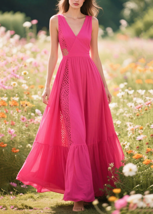 Casual Rose Asymmetrical Patchwork Cotton Vacation Dresses Summer