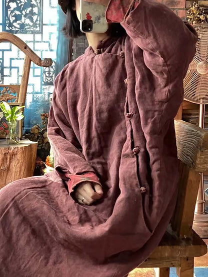 Women Vintage Chinese Style Worn Solid Button Robe