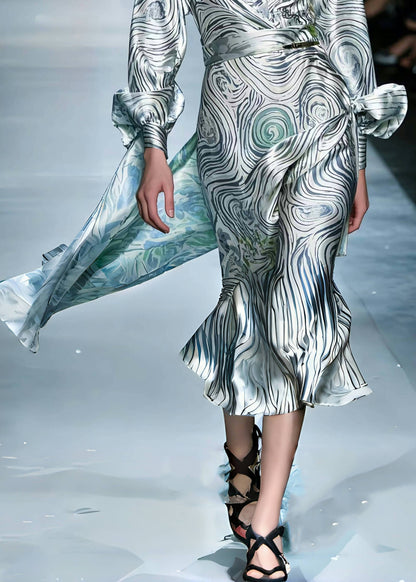 Women Grey Asymmetrical Striped Silk Robe Dresses Spring