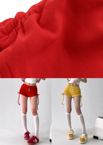 Women Red Lace Up Elastic Waist Cotton Shorts Summer