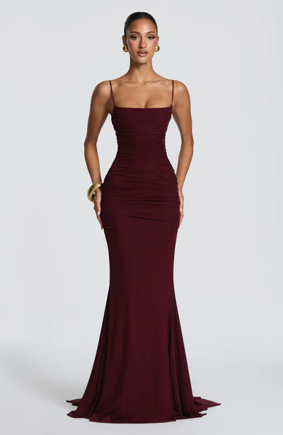 Spaghetti Strap Ruched Lace-Up Back Mermaid Gown