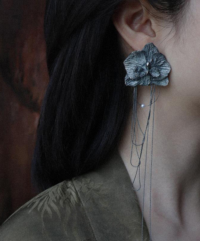 Vintage Silk Alloy Moth Orchid Tassel Drop Earrings