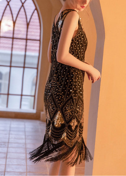 Fashion Black Tasseled Lace Mini Dress Sleeveless