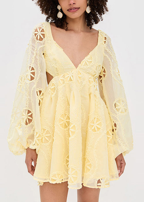 Stylish Yellow Embroidered Hollow Out Cotton Mini Dress Lantern Sleeve