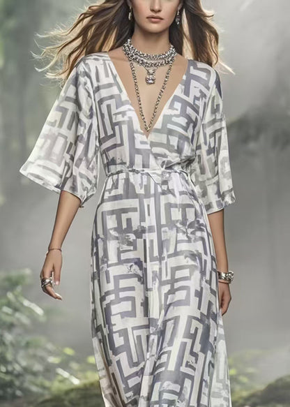 DIY Grey Print Silk Ankle Dress V Neck Summer