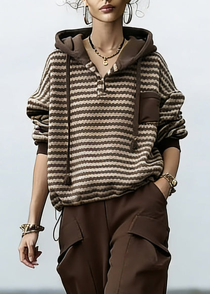 Loose Striped Drawstring Hooded Sweatshirt And Beam Pants Two Piece Set Spring