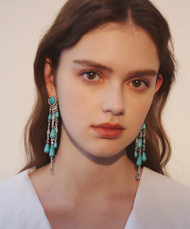 Boho Blue Zircon Water Drop Tassels Silver Plated Drop Earrings