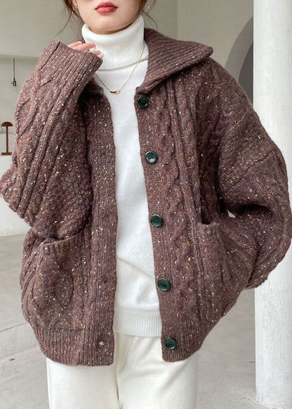 Fashion Coffee Peter Pan Collar Button Knit Winter Coat