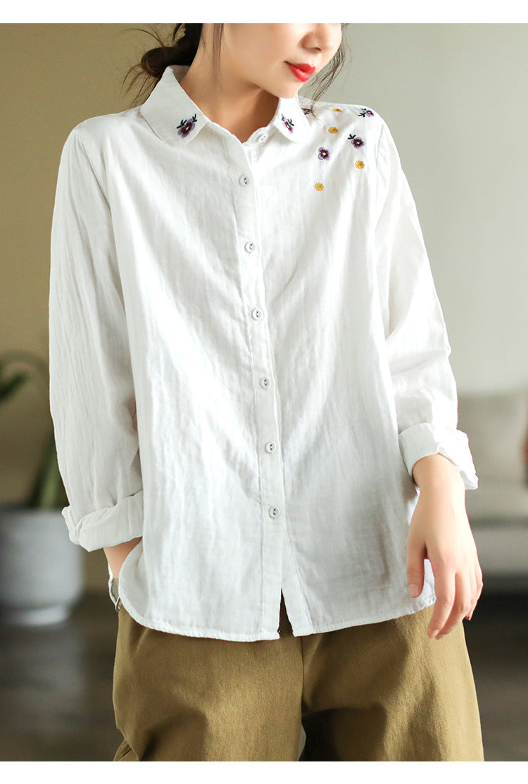 Art Vintage Double Layer Cotton Long Sleeve Floral Embroidery Shirt