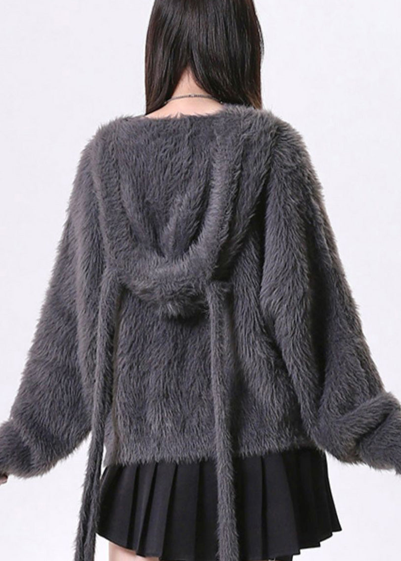 Women Dark Grey Oversized Bow Knit Rabbit Ears Hoodies Outwear Spring