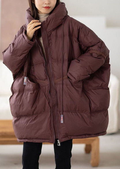 Casual Coffee Hooded Oversized Drawstring Thick Canada Goose Jacket Batwing Sleeve