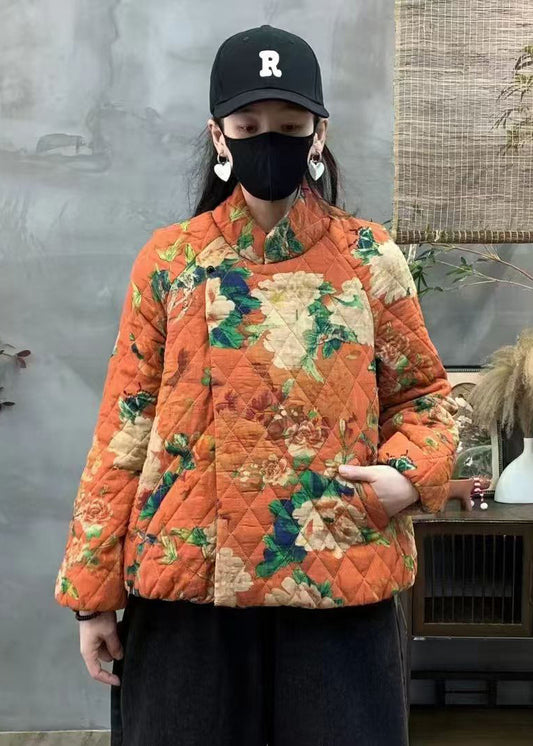 Vintage Orange Oversized Print Fine Cotton Filled Coats Winter
