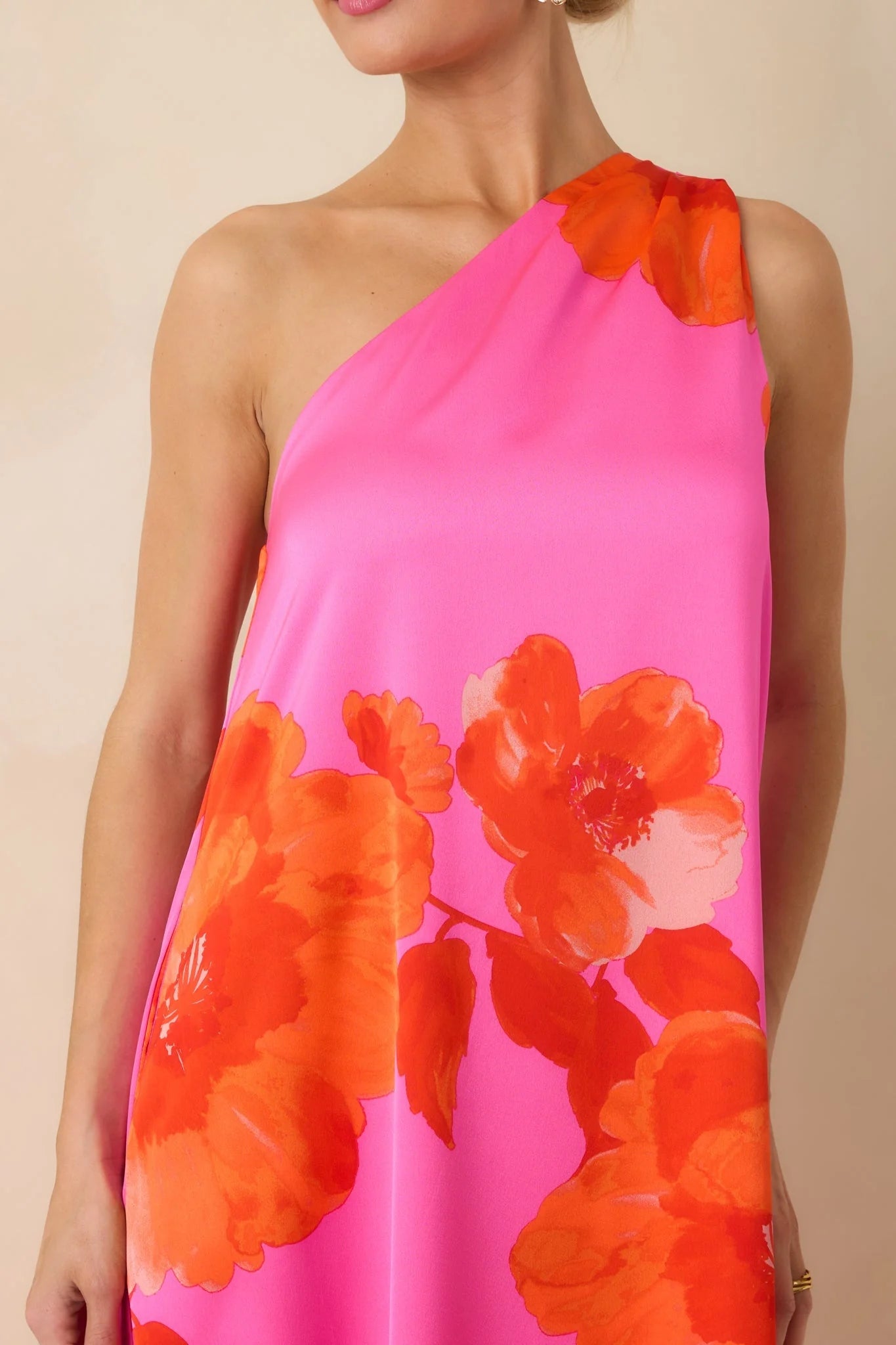 No Introduction Pink Multi Floral Print Satin One Shoulder Maxi Dress