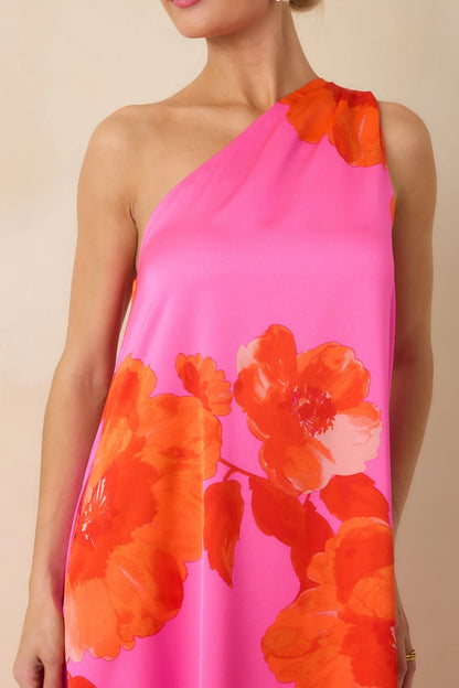 No Introduction Pink Multi Floral Print Satin One Shoulder Maxi Dress