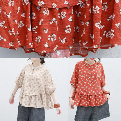 Women stand collar nude prints linen top silhouette design half sleeve blouses summer