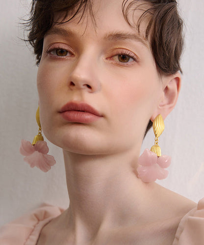 Fine Pink Floral Exaggeration Gold Plated Drop Earrings