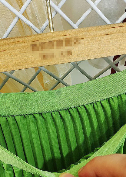 Women Green Elastic Waist Wrinkled Silk Pleated Skirts Spring