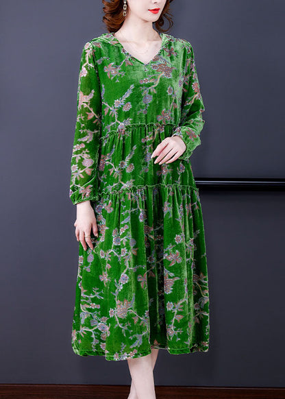 Fashion Green Ruffled Patchwork Velour Dresses