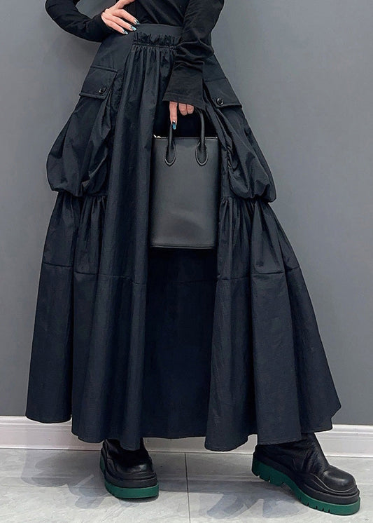Modern Black Pockets Wrinkled Patchwork Cotton Skirts