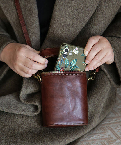 Handmade Coffee Solid Durable Calf Leather Phone Pouch
