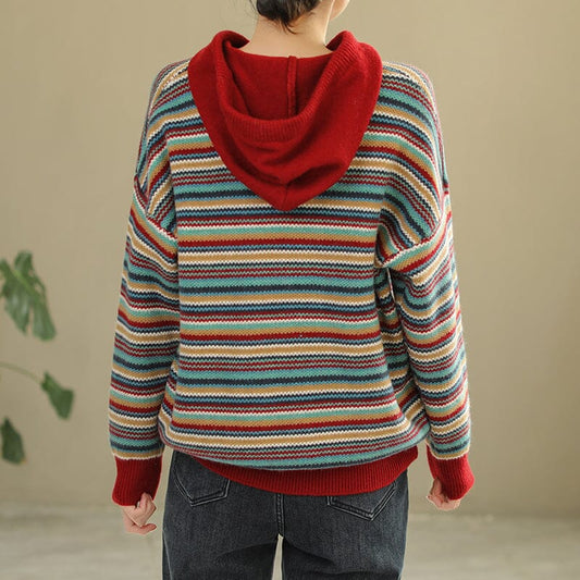 Spring Color Matching Stripe Knitted Hoodie