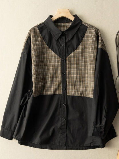 100% Natural Fabric Drawstring Plaid Casual Loose Shirt