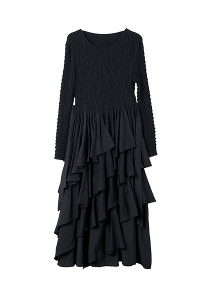 Women Black O Neck Ruffled Patchwork Cotton Dresses Spring
