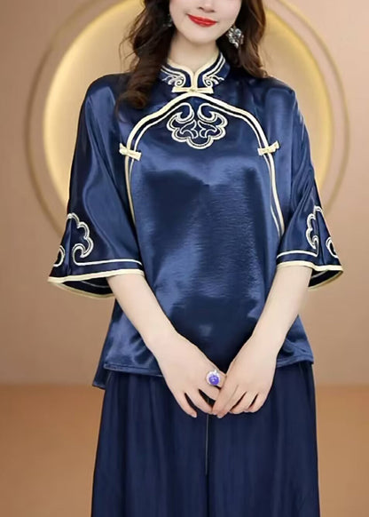 Vintage Navy Stand Collar Embroidered Silk Top Flare Sleeve