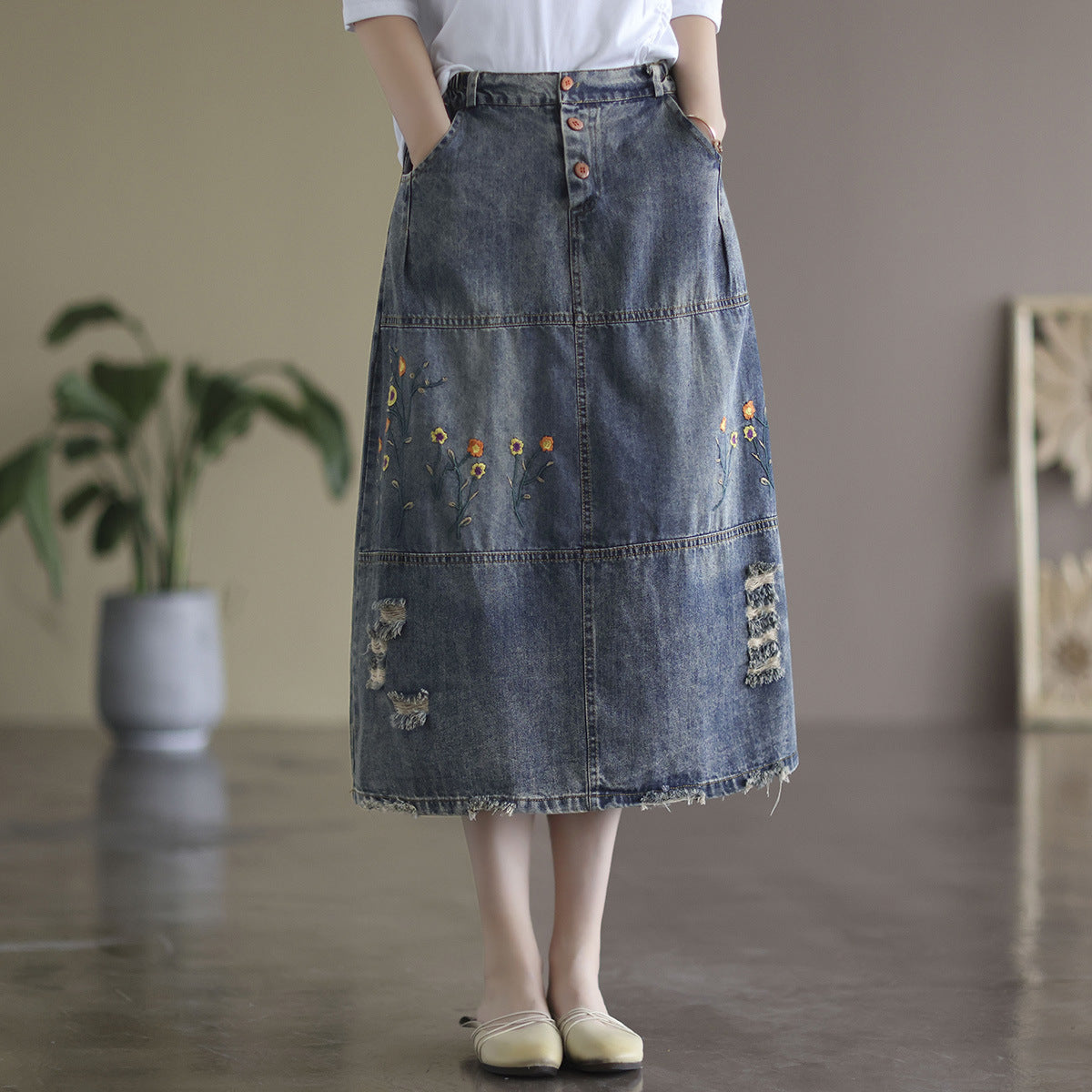 Vintage Denim Shredded Embroidered A-Line Skirt