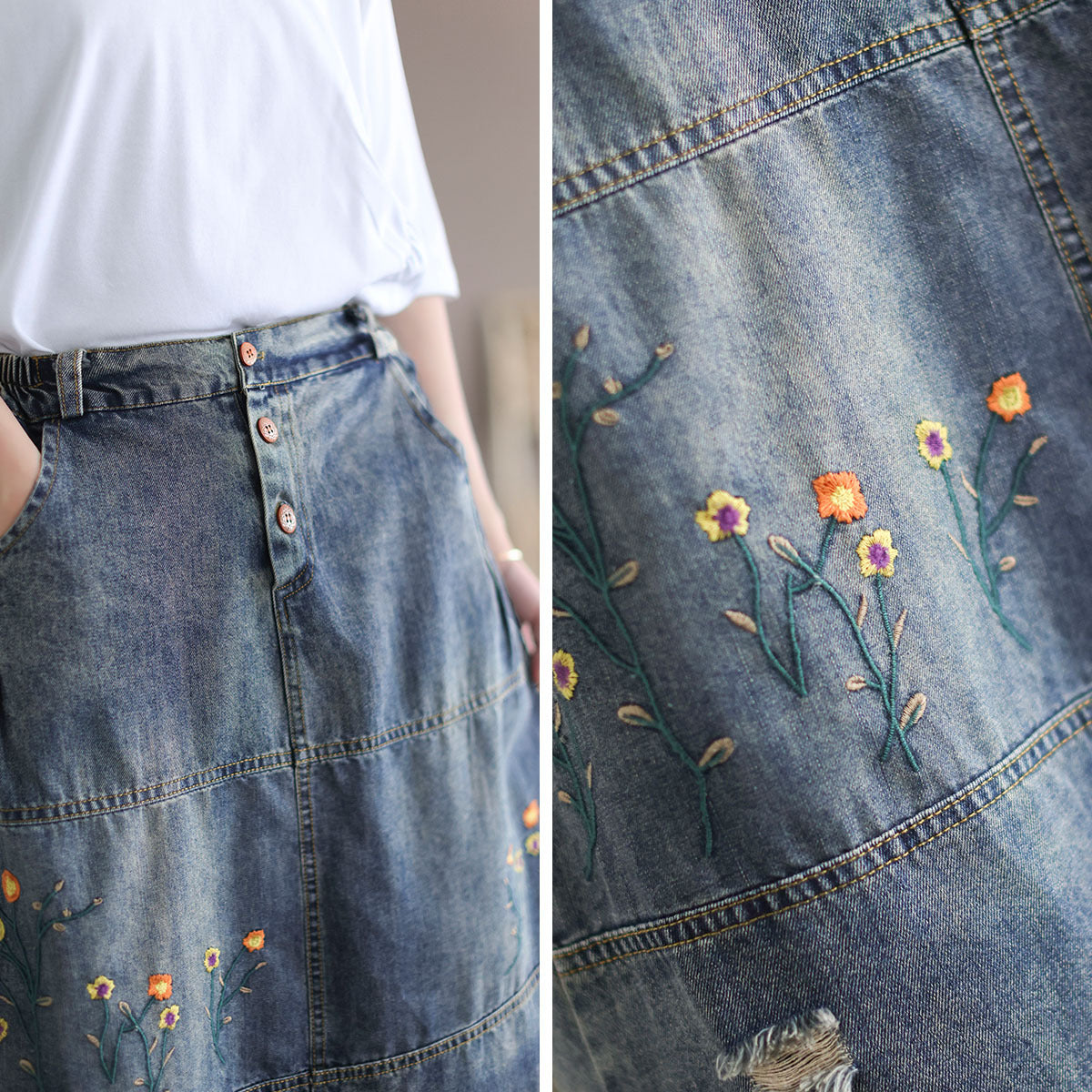 Vintage Denim Shredded Embroidered A-Line Skirt