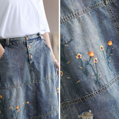 Vintage Denim Shredded Embroidered A-Line Skirt