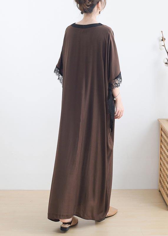 Elegant Chocolate Lace Trim Caftan Maxi Summer Chiffon Dress Gown