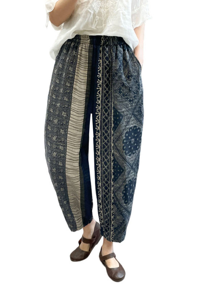 Vintage Black Oversized Print Linen Harem Pants Spring