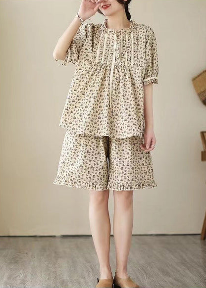 Art Apricot Ruffled Print Cotton Pajama Sets Summer