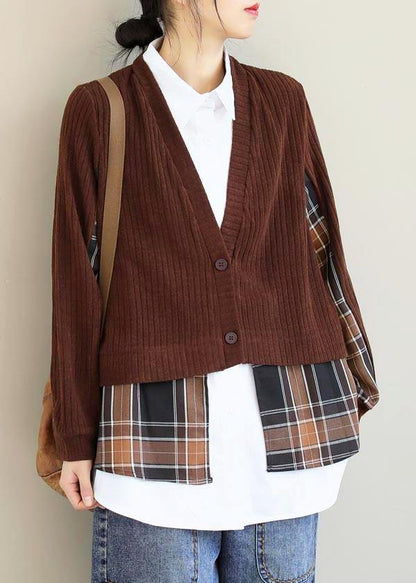 Elegant Chocolate Patchwork Top Lapel False Two Pieces Tunic Blouses