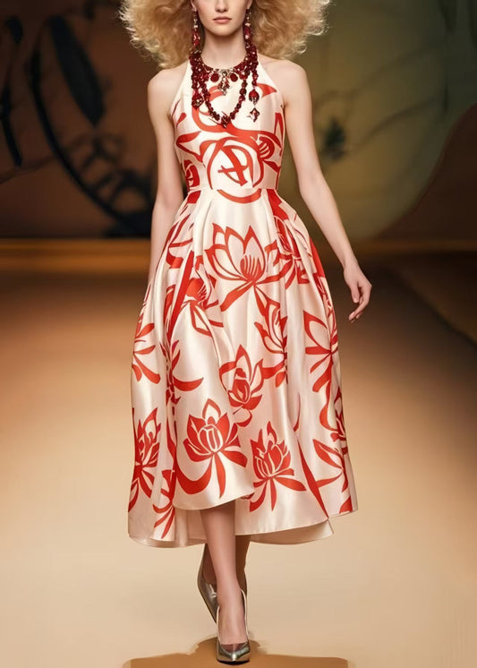 Elegant Champagne Print Silk Party Dresses Summer