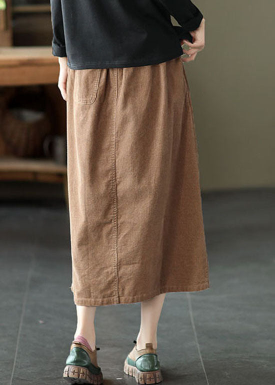 Women Khaki elastic waist button Pockets Corduroy Skirts