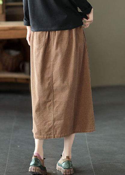 Women Khaki elastic waist button Pockets Corduroy Skirts
