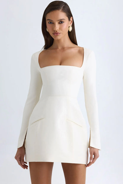 Square-Neck Structured Tulip Mini Dress In Vanilla