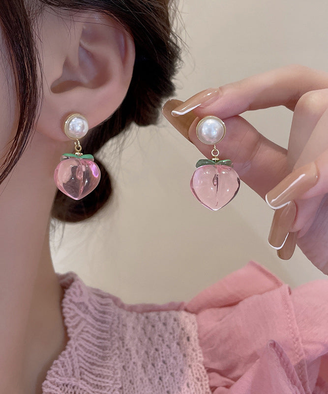 Cute Red Alloy Acrylic Pearl Peach Drop Earrings
