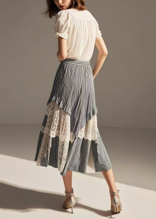 Women Blue Striped Asymmetrical Patchwork Lace Skirts Summer