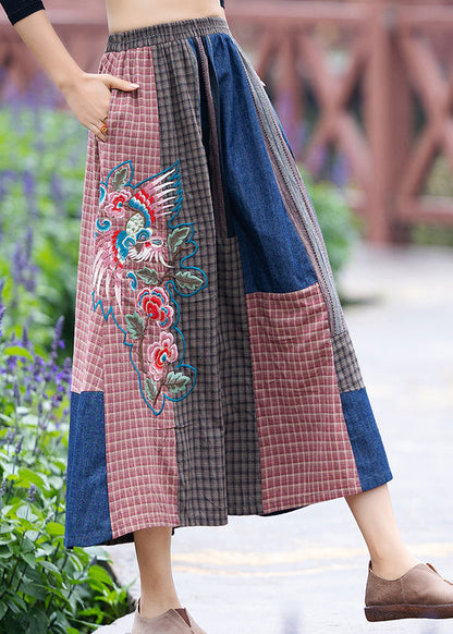 Vintage Blue Embroideried Floral Plaid Patchwork Elastic Waist A Line Skirt Summer
