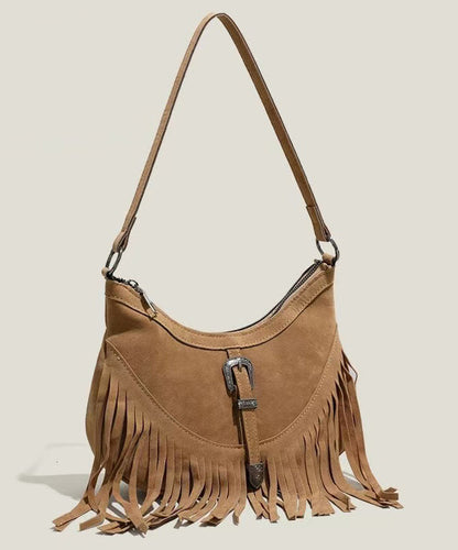 Handmade Khaki Tasseled Solid Durable Fine Suede Messenger Bag