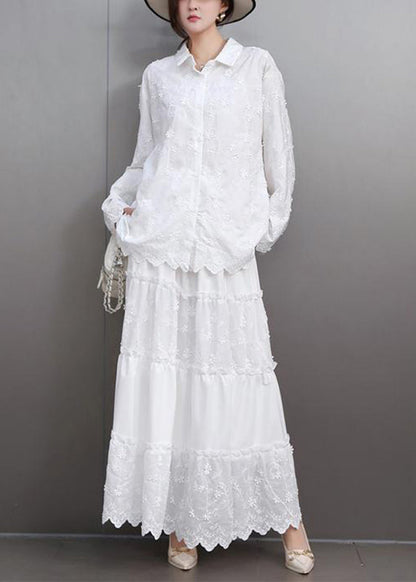 Boutique White Embroidered Floral Lace Shirts And Maxi Skirts Two Pieces Set Flare Sleeve